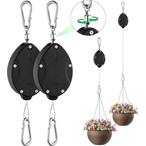 2026 Heavy Duty Retractable Plant Pulleys, Adjustable Stainless Steel Rope Hangers for Hanging Baskets, Auto Locking Plant Holders and Bird Feeders (2 Pack)