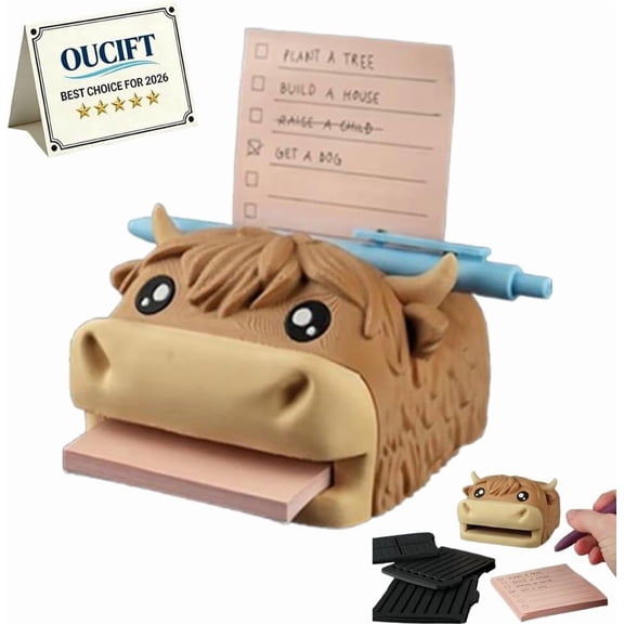 2026 Highland Cow Sticky Note Holder Desk Organizer 3D Printed Pen Rest Office Accessory for Cow Lovers Students Workers