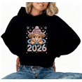 thumbnail image 1 of 2026 Highland Cow Theme New Year Graphic Tee T Shirt Top Cute Festive Pattern Hooded long-sleeved Black S-2XL, 1 of 7