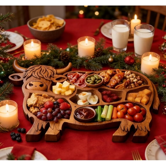 2026 Highland Cow Wooden Charcuterie Board, Wooden Cow Food Platter – Cow Shaped Serving Board Tray for Cheese Food Display – Farmhouse Rustic Table Centerpiece for Home Kitchen Party