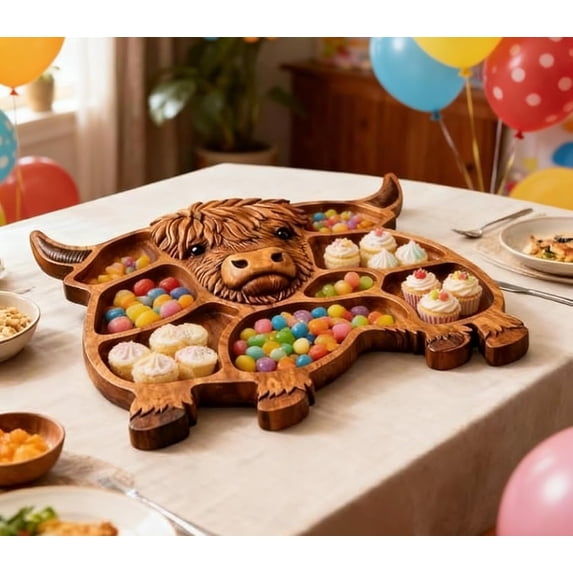 2026 Highland Cow Wooden Charcuterie Board, Wooden Cow Food Platter – Cow Shaped Serving Board Tray for Cheese Food Display – Farmhouse Rustic Table Centerpiece for Home Kitchen Party