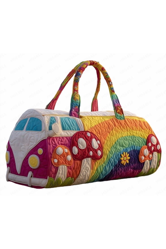 2026 Hippie Journey Quilted Duffel Bag Hippie Van Travel Duffel Bag Vintage Floral Weekender Overnight Bags Women Gym Bags