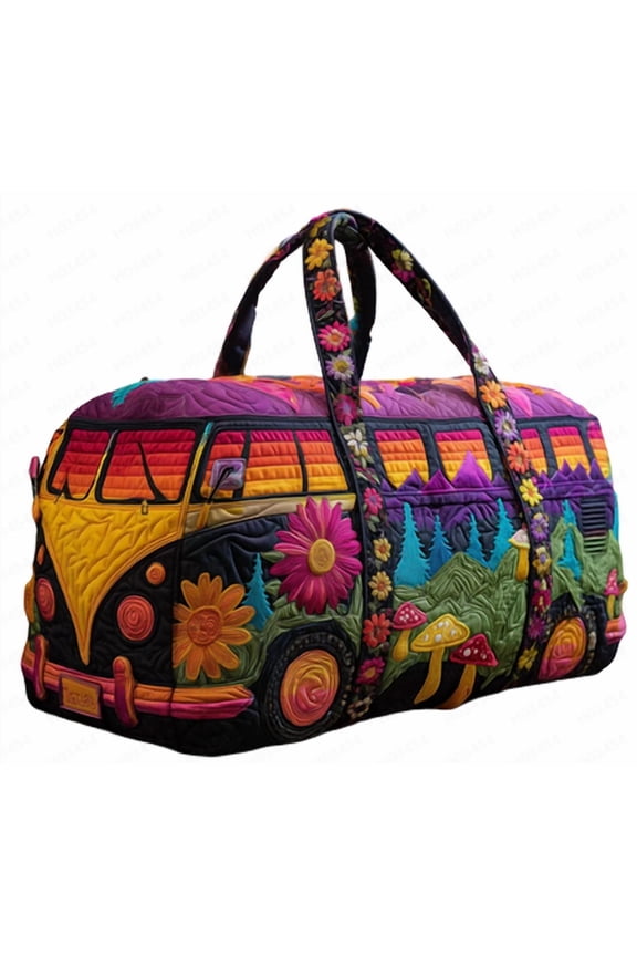 2026 Hippie Journey Quilted Duffel Bag Hippie Van Travel Duffel Bag Vintage Floral Weekender Overnight Bags Women Gym Bags