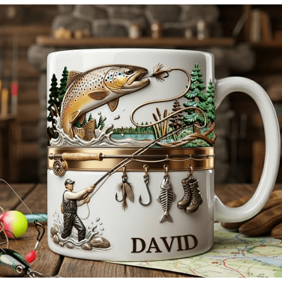 2026 Hooked on Fishing White Coffee Mug, 2D Effect Printed Customized Fisherman Accent Mug, Personalized Fishing Coffee Mug for Men Dad, Fisherman Ceramic Mug with Name Gifts Dad