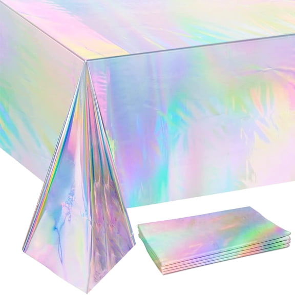 2026 Hot Sale 54×108 Inch Rainbow Iridescence Disposable Table Cloth Set of 4, Shiny Plastic Table Covers for Bridal Shower New Year Disco Birthday Galentine Party Supplies