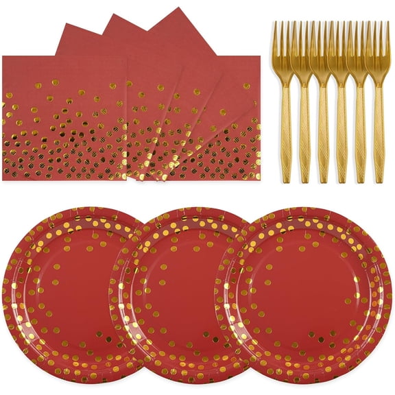 2026 Hot Sale 75PCS Red Gold Dot Disposable Party Dinnerware Set, Paper Plates Napkins Gold Forks Decor, Serves 25 Guests, Disposable Tableware for Christmas Birthday Wedding Holiday Party