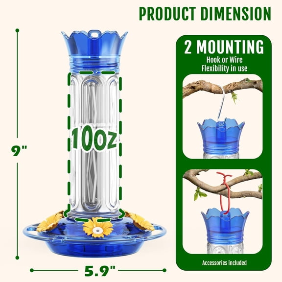 2026 Hot Sale Blue 10oz Outside Humming Bird Feeder, Leakproof Feeder with Ant Moat and Bee Guards, Matching Cleaning Brush Included, Nice Gift for Bird Enthusiasts