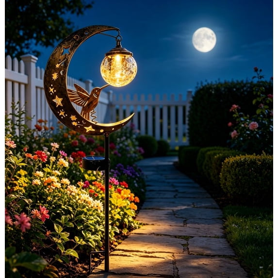 2026 Hummingbird Moon Solar Garden Stake Light Waterproof Half Moon LED Pathway Decor Crackle Hanging Glass Globe Ball Metal Crescent for Outside Yard Patio Lawn Outdoor Decor