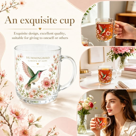 2026 Hummingbird Morning Bliss Glass Tea Cup, hummingbird glasses drinking, Bird and Floral motifs glass cup, practical beverage mug for home and gatherings A