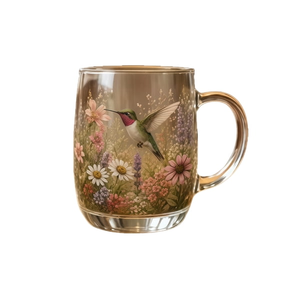 2026 Hummingbird Morning Bliss Glass Tea Cup, hummingbird glasses drinking, Floral patterned glass mug, suitable for tea, coffee and assorted cold drinks C