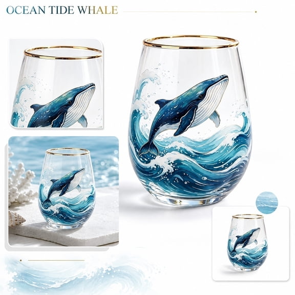 2026 Hummingbird Morning Glass Cup Ocean Theme Decorative Beverage Glass, Hand-Painted Whale Wave Design, Gold Rim Clear Juice Cup for Home, 1 PC
