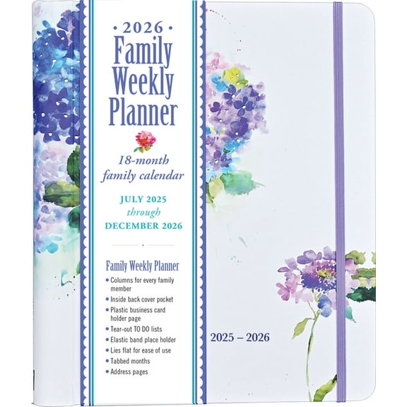 2026 Hydrangeas Family Weekly Planner (18 Months, July 2025 to Dec 2026), (Paperback)