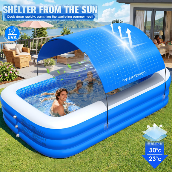 2026 Inflatable Pool with Canopy,Upgraded Blow Up Pool for Adults&Kids,Large Inflatable Pool with Seat and Big Backrest,Kiddie Pool with Shade,Kid Swimming Pool for Backyard 110"x63"x20"Blue
