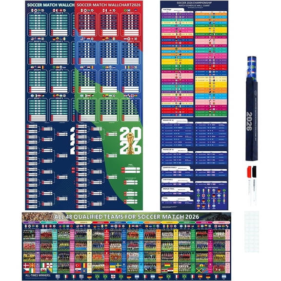 2026 International Soccer Wall Chart Set, Interactive Write-On Schedule Poster, 2 Markers, 3 Flag Stickers, Group Stage & Knockout Rounds, for Viewing Parties
