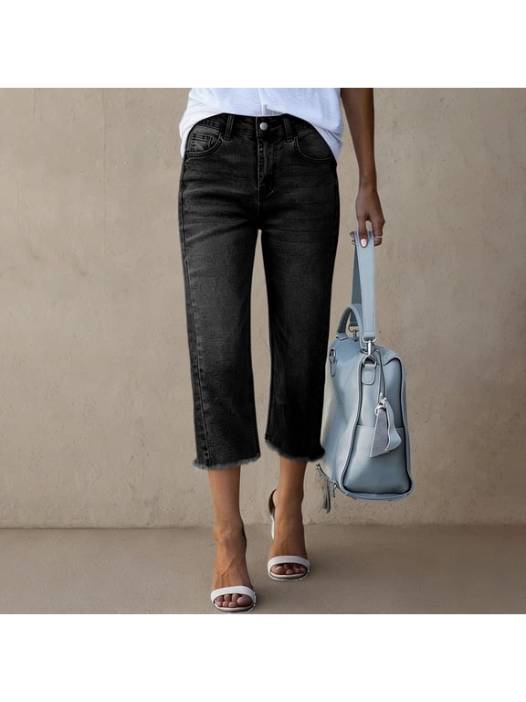 2026 Jean Capris for Women Stretchy Raw Hem Straight Leg Cropped Jeans Baggy High Waisted Boyfriend Denim Capri Pants