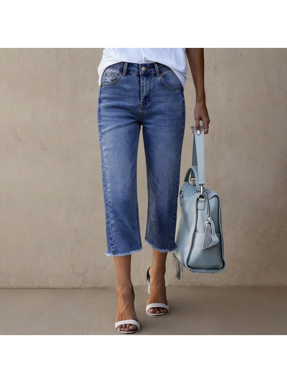 2026 Jean Capris for Women Stretchy Raw Hem Straight Leg Cropped Jeans Baggy High Waisted Boyfriend Denim Capri Pants