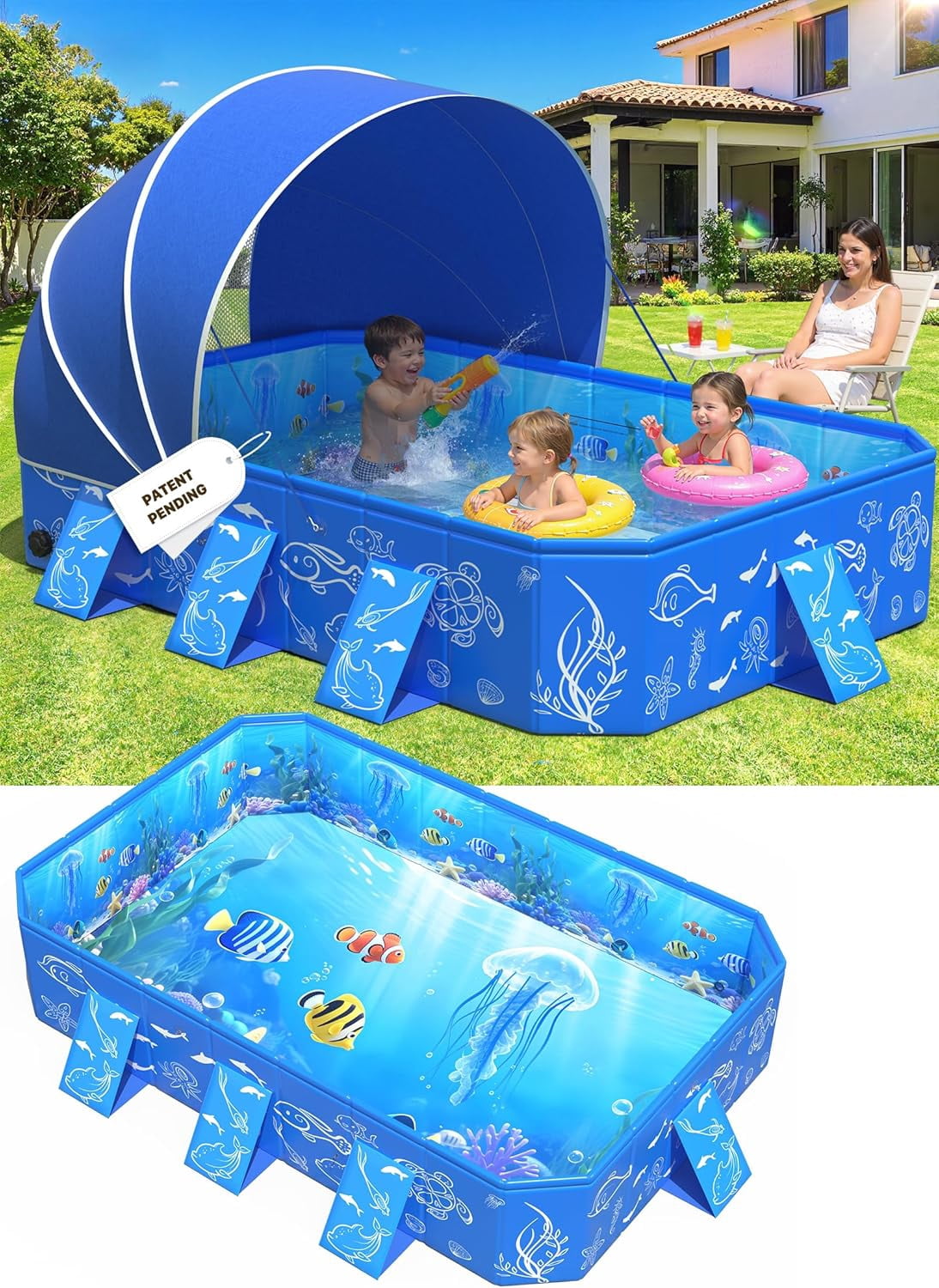 2026 Kiddie Pool with Canopy,Baby Swimming Pool for Toddler,Non-Inflatable Portable Pool for Kids,Foldable Toddler Pool with Shade,Kiddie Pool for Backyard,Pop Up Baby Beach Pool 53''×40×33''
