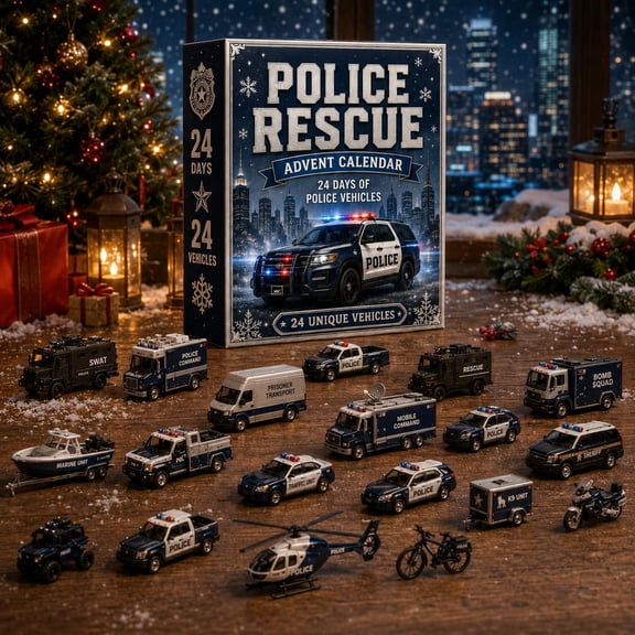 2026 Kids Advent Calendar, 24‑Day Christmas Countdown 2D Police Rescue Mini Vehicle Surprise Toy Box