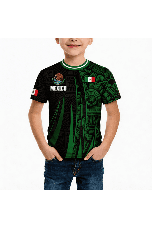 2026 Kids Boys Mexico Soccer Jersey Shirts Short Sleeve National Team Chichén Itzá Pyramid Graphic Patriotic Youth Football Fan Casual Tee Green 120