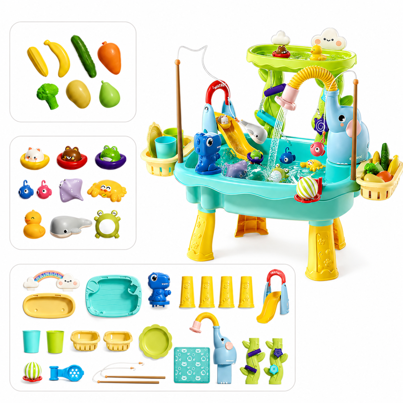 Promitop 2026 Kids Sand and Water Table with Electric Pump Faucet, Toddler Play Sink with Running Water, Fishing Toy and Play Food Accessories, Ages 3+ (Blue)