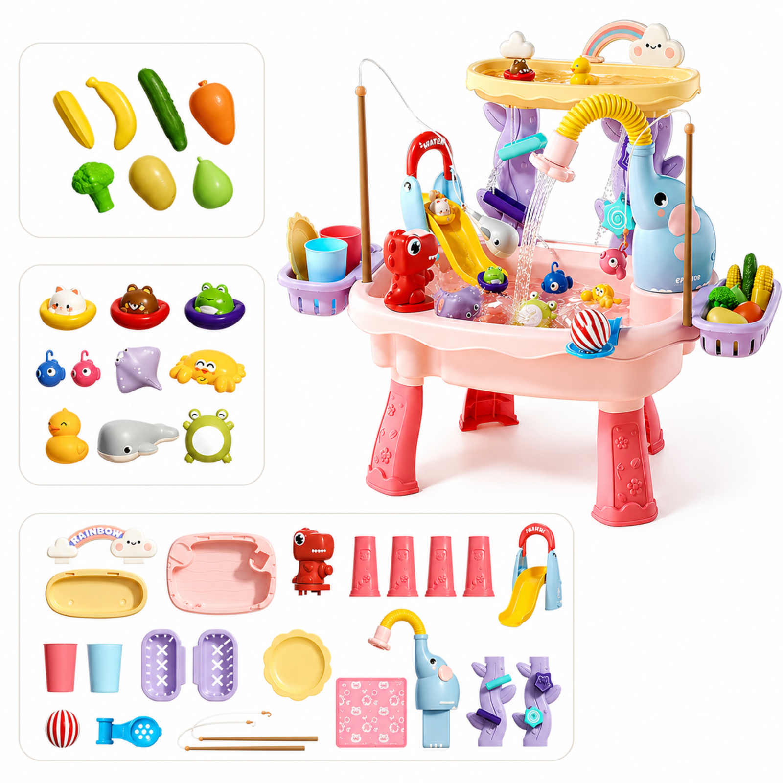 Promitop 2026 Kids Sand and Water Table with Electric Pump Faucet, Toddler Play Sink with Running Water, Fishing Toy and Play Food Accessories, Ages 3+ (Pink)