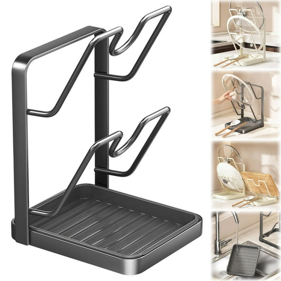 2026 Kitchen Pot Lid Holder Rack Double-Layer with Drip Tray, Carbon Steel Countertop Organizer for Pots, Lids, Spatulas, Utensils, Multi-Functional Cooking Rack, Gun Gray