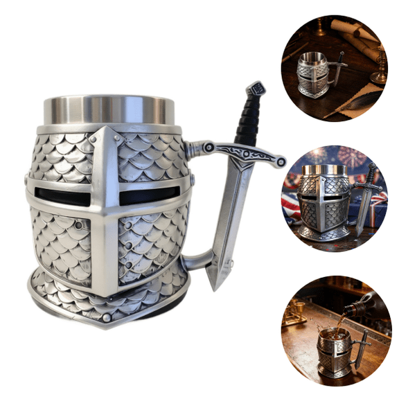 2026 Knight Helmet Tankard, Medieval Warrior Beer Mug with Sword Handle, 3D Crusader Armor Design, Stainless Steel Resin Coffee Cup Stein Gift for Men Dad Groomsmen