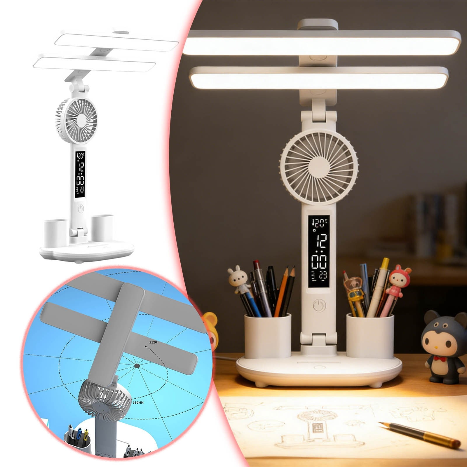 2026 LED Desk Lamp with Clock & Fan - 12.6-Inch Adjustable Eye-Protecting Light for College Dorm/Bedroom