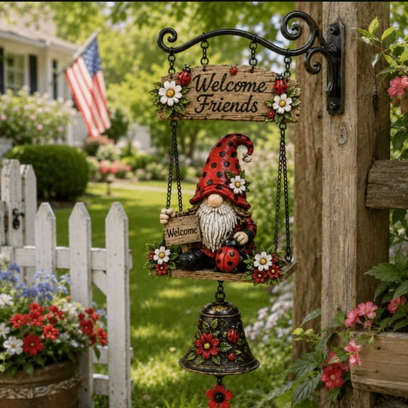 2026 Ladybug and Daisy Gnome Hanging Welcome Sign with Decorative Bell, Weatherproof Resin Outdoor Porch Wall Ornament for Front Entry Garden Display