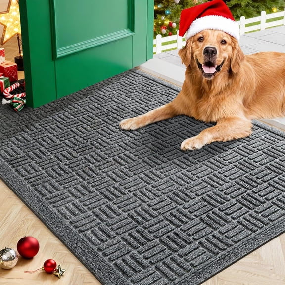 2026 Latest 29.5"x17" Grey All Weather Doormat, Natural Rubber Non Slip Dirt Trapper Waterproof Low Profile Easy Clean Entry Rug for Porch Patio Indoor Outdoor