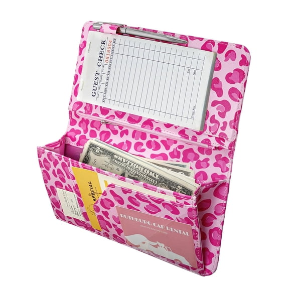 2026 Latest 5×9 Inch Pink Leopard Print Server Book, Magnetic Closure Wallet with Zipper & Cash Pocket for Restaurant Waitstaff Apron Storage