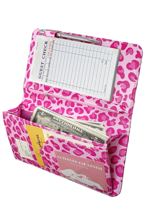 2026 Latest 5×9 Inch Pink Leopard Print Server Book, Magnetic Closure Wallet with Zipper & Cash Pocket for Restaurant Waitstaff Apron Storage