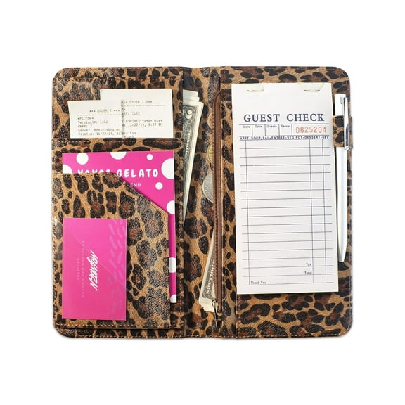 2026 Latest 5x9 Inch Leopard Print Server Wallet, Magnetic Closure Server Book with Zipper & Cash Pocket for Restaurant Waitress Apron Storage