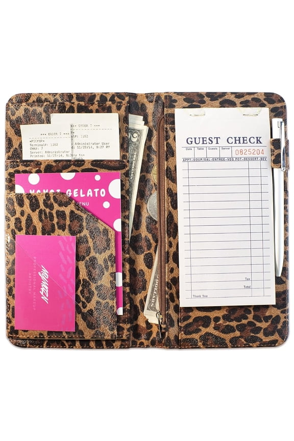 2026 Latest 5x9 Inch Leopard Print Server Wallet, Magnetic Closure Server Book with Zipper & Cash Pocket for Restaurant Waitress Apron Storage