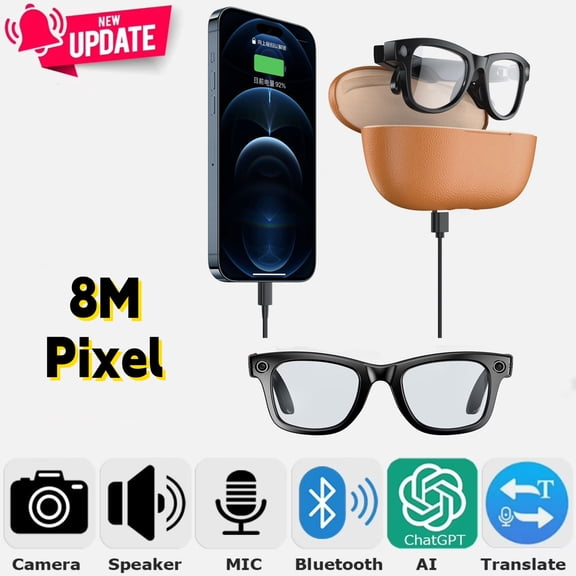 2026 Latest AI Smart Glasses with Charging Case,8MP HD Camera Glasses Support Video Recording,ChatGPT Photos Recognition,Q&A,Real Translation,Bluetooth Earphone Call(Anti Blue Light Lenses)