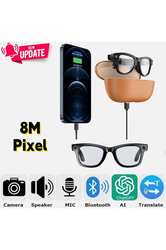 2026 Latest AI Smart Glasses with Charging Case,8MP HD Camera Glasses Support Video Recording,ChatGPT Photos Recognition,Q&A,Real Translation,Bluetooth Earphone Call(Anti Blue Light Lenses)