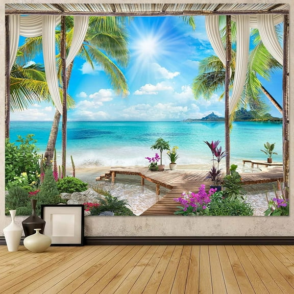 2026 Latest Design Tropical Beach Landscape Tapestry 36×48 Inch, Ocean Island Palm Tree Seaside Wall Hanging for Living Room Summer Window Home Decor