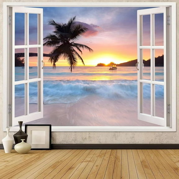 2026 Latest Design Yellow Wave Tropical Beach Tapestry 36×48 Inch, Palm Tree Ocean Island Seaside Wall Hanging for Living Room Summer Window Home Decor