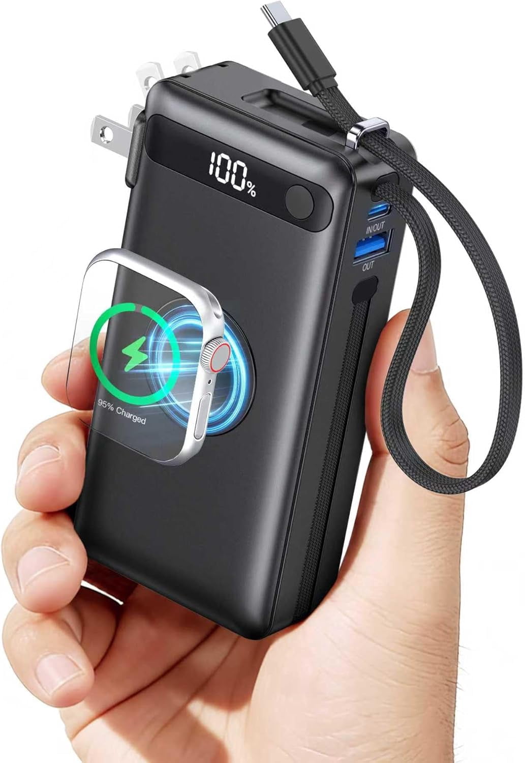2026 Latest Nano Portable Charger with Built-in Wall Plug and Cables, All in One 10000mAh 22.5W Fast Charging USB C Power Bank Travel Essentials Battery Pack for iPhone Apple Watch Android