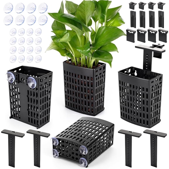 2026 Upgraded Aquarium Plant Holder with Extendable Hook and Suction Cup for Fish Tank Aquascape Accessories Decorations (4 Pack) Black