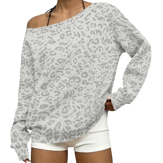 2026 Leopard Sweatshirt for Womens Off The Shoulder Oversized Tops, L