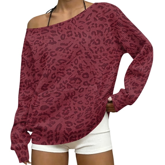 2026 Leopard Sweatshirt for Womens Off The Shoulder Oversized Tops, L