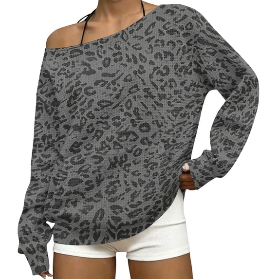 2026 Leopard Sweatshirt for Womens Off The Shoulder Oversized Tops, M