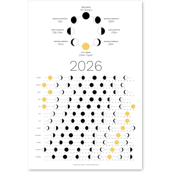2026 Light Moon Phase Calendar (SHIPS FLAT) Hangable Lunar Wall Poster - Great as a Unique Gift, Moon Tracking, Dcor & Art, Astrology - Celestial Calendar for Home & Office by