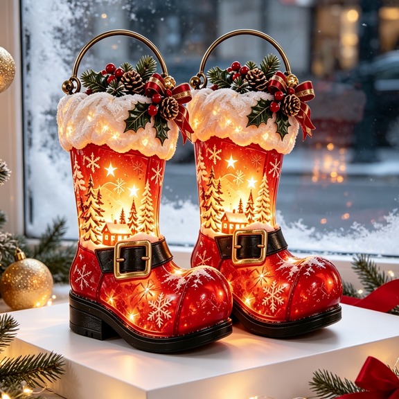 2026 Lighted Santa Boot Christmas Lantern - Glowing Winter Village Holiday Décor with Festive Handle - Light Up Red Boot Statue for Covered Front Porch Patio Entryway Home Tabletop Mantel Decoration