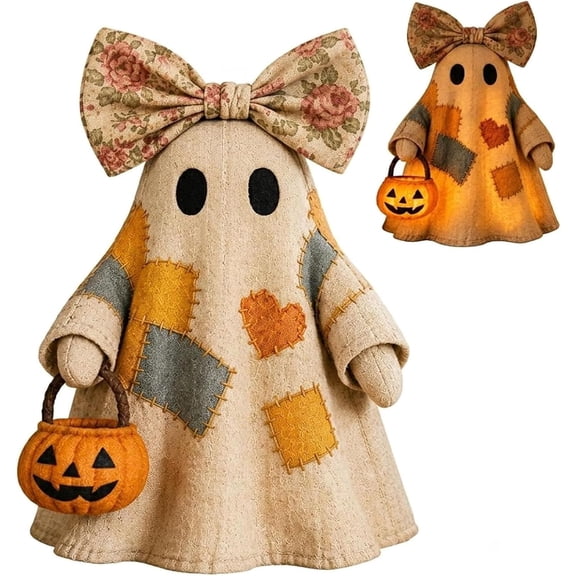 2026 Lighted Vintage Patchwork Ghost, Cozy Fall Spooky Decor, Light Up Quilted Vintage Ghost with Beautiful Floral Bow