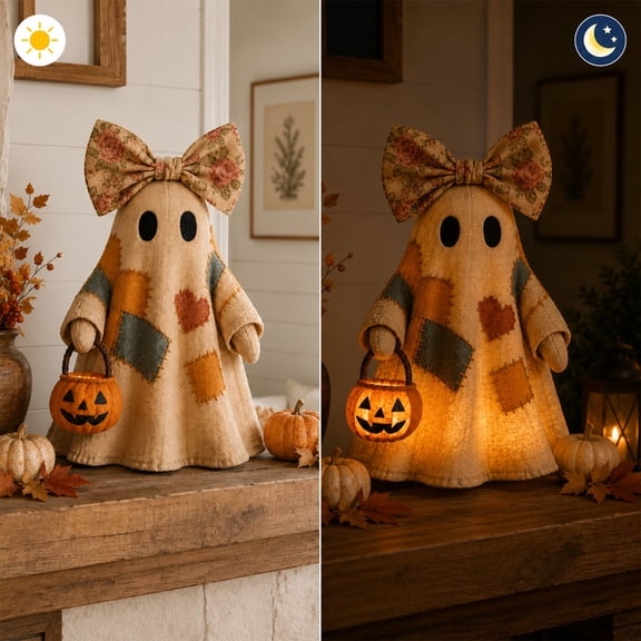2026 Lighted Vintage Patchwork Ghost, LED Glowing Ghost with Floral Bow, Classic Halloween Decor for Porch Yard Living Room 1PCS