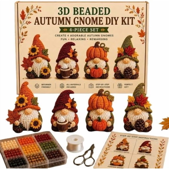 2026 Limited Edition 3D Beaded Gnome DIY Kit, 4 Gnome Designs 3D Beaded DIY Kit for Beginner (Autumn GNOME)