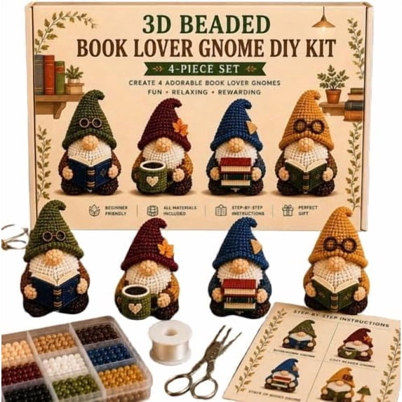 2026 Limited Edition 3D Beaded Gnome DIY Kit, 4 Gnome Designs 3D Beaded DIY Kit for Beginner (Book Lover GNOME)