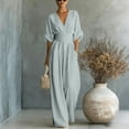 thumbnail image 1 of 2026 Linen Jumpsuits for Women Dressy Elbow Sleeve V Neck Wide-Leg Romper Business Casual Outfits, 1 of 3